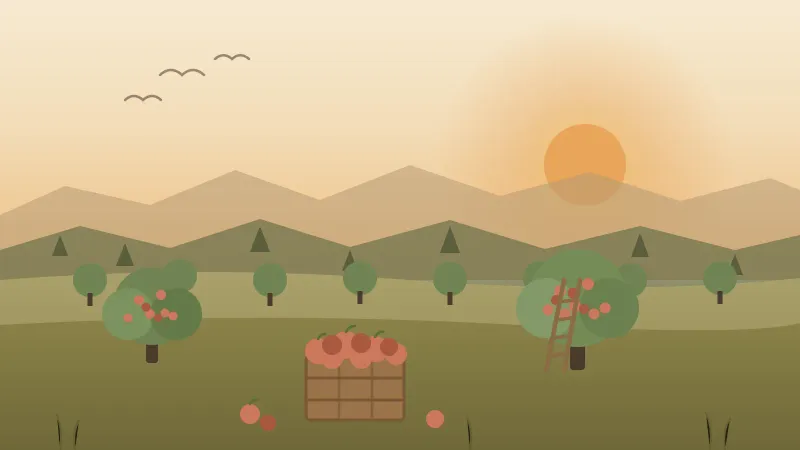 Illustration of a mountain apple orchard at golden hour near San Diego, with pine-covered ridges, apple trees full of red apples, a wooden picking ladder, and a crate heaped with apples