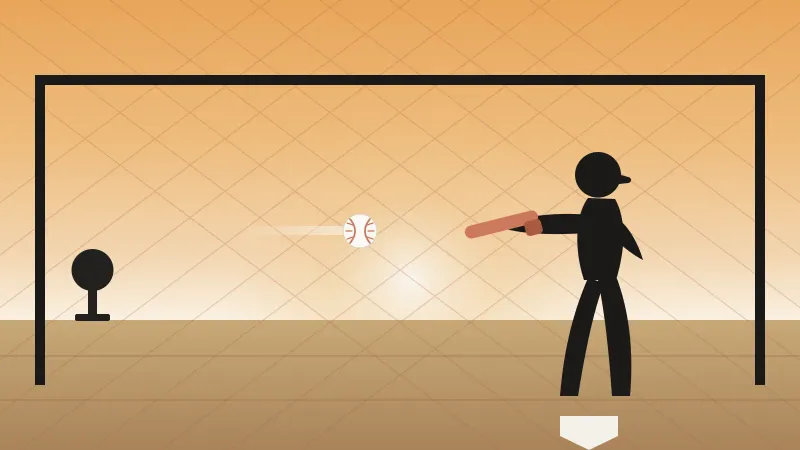 Illustration of a batter mid-swing in a San Diego batting cage with a coral bat, an incoming baseball, netting, and a warm sunset sky, in the brand's coral and amber palette