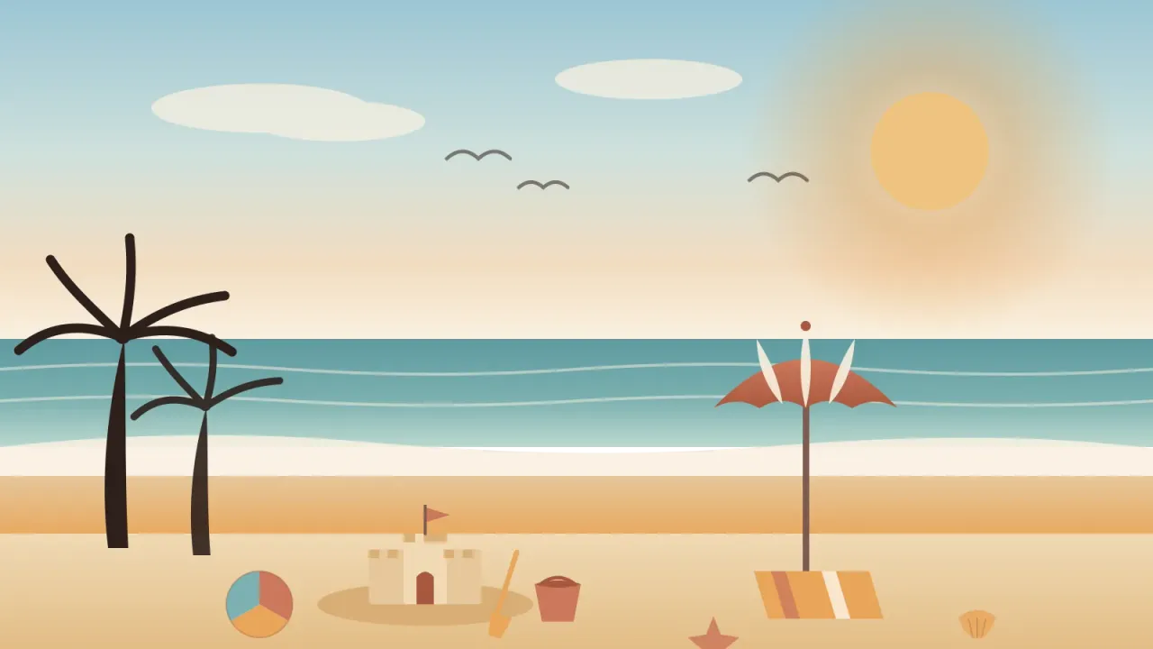 Illustration of a calm San Diego family beach with a sandcastle, bucket and spade, beach ball, striped umbrella, and palm trees under a bright sky with gentle water