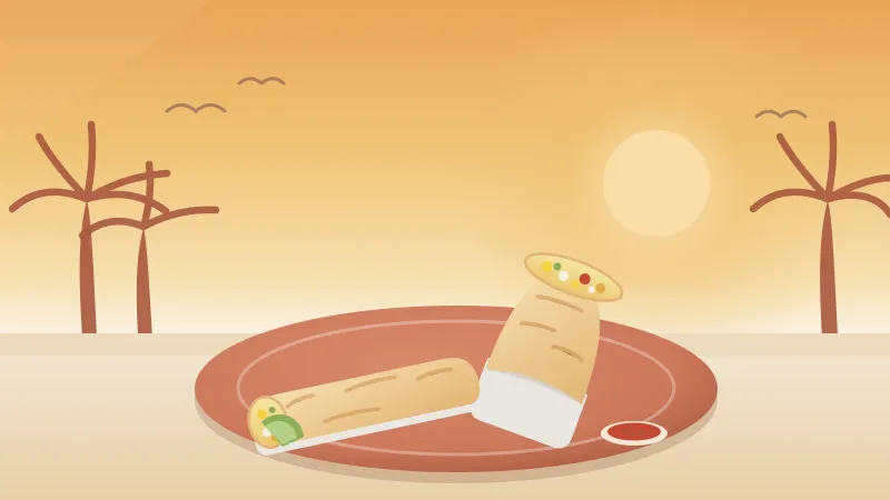 Illustration of a foil-wrapped breakfast burrito cut in half to show egg, potato, chorizo and cheese, on a coral plate with salsa and lime, under a San Diego sunrise with palm silhouettes