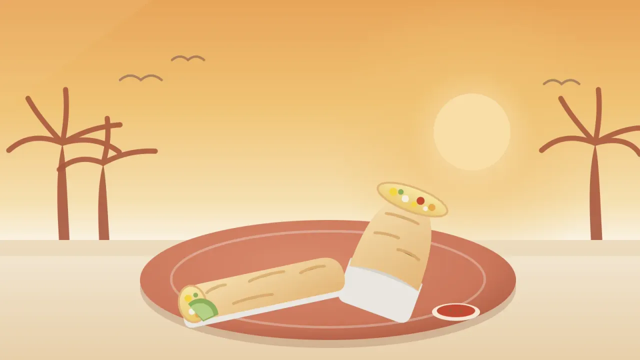 Illustration of a foil-wrapped breakfast burrito cut in half to show egg, potato, chorizo and cheese, on a coral plate with salsa and lime, under a San Diego sunrise with palm silhouettes
