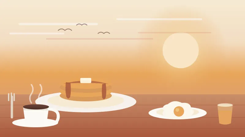 Illustration of a San Diego breakfast at sunrise: a stack of pancakes with butter and syrup, a fried egg, a mug of coffee, and orange juice on a wooden table, in the brand's coral and amber palette
