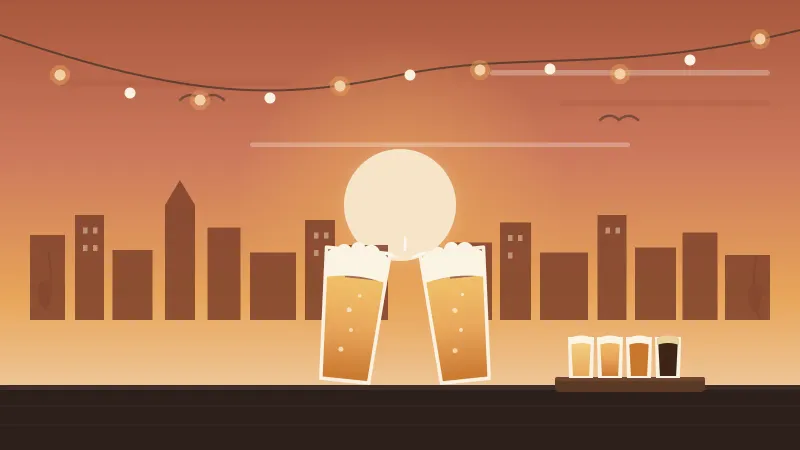 Illustration of two frothy amber beer pints clinking at golden hour over a bar, with the downtown San Diego skyline, a taster flight paddle, and patio string lights, in the brand's coral and amber palette