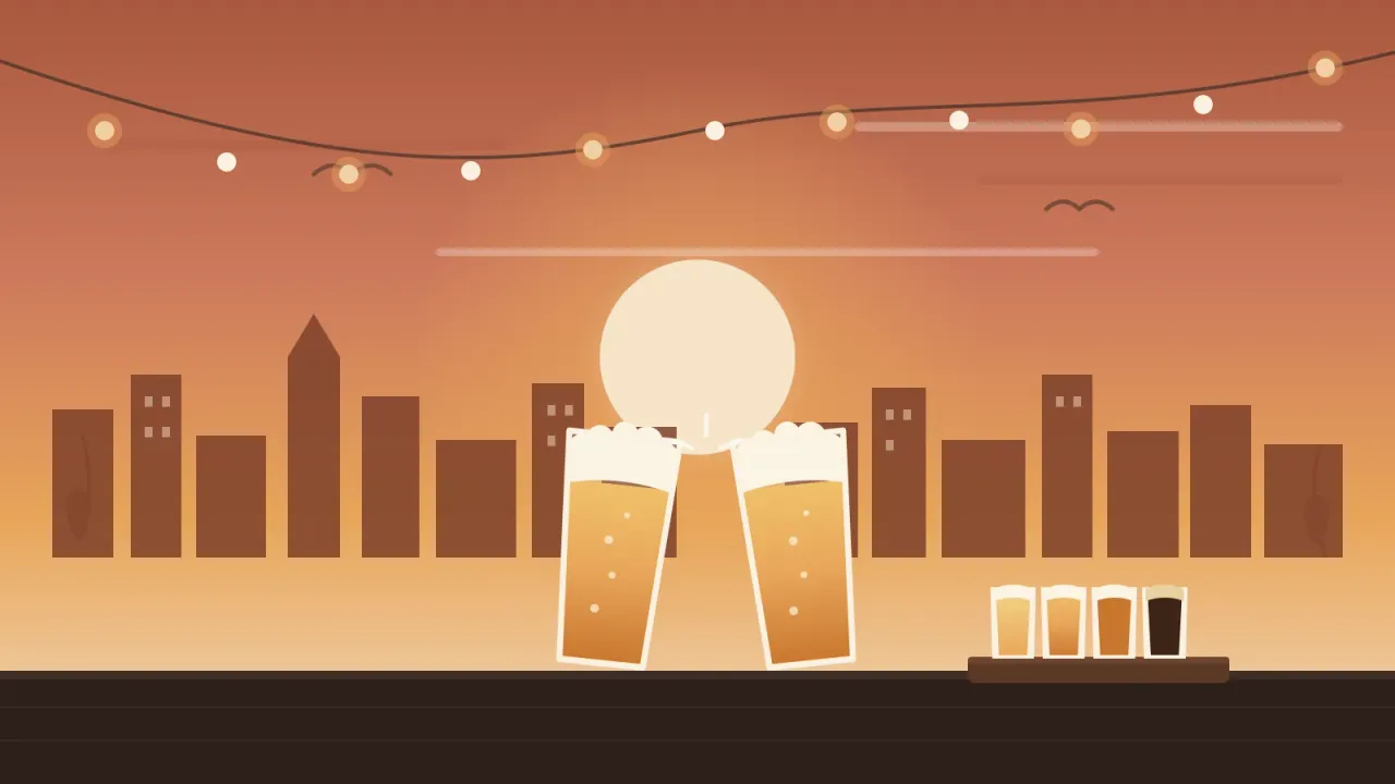 Illustration of two frothy amber beer pints clinking at golden hour over a bar, with the downtown San Diego skyline, a taster flight paddle, and patio string lights, in the brand's coral and amber palette