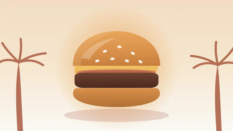 Illustration of a classic San Diego cheeseburger with sesame bun, cheese, tomato, and patty, framed by two palm trees in the brand's warm coral and amber palette