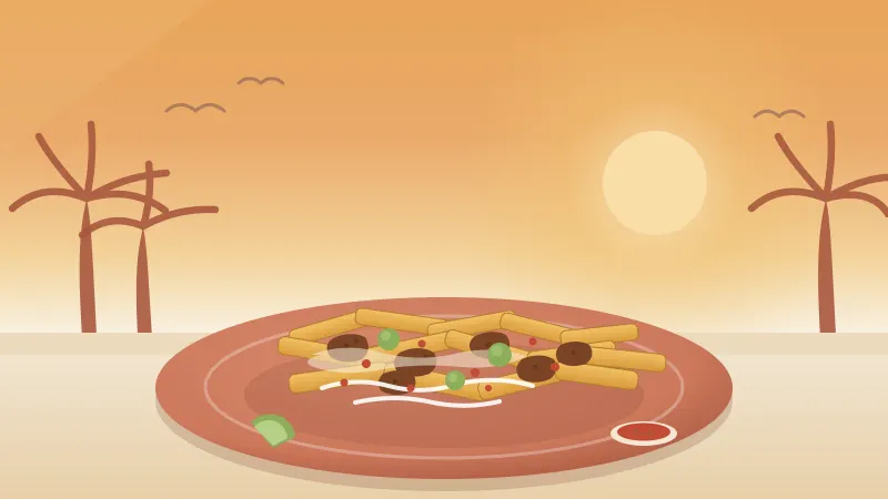 Illustration of a shareable plate of carne asada fries piled with grilled steak, cheese, guacamole and pico, with a lime wedge and salsa, under a San Diego sunset with palm silhouettes