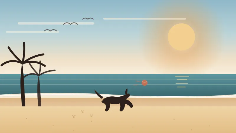 Illustration of a happy dog bounding across a San Diego beach after a ball, with palm trees, gulls, and teal water under a bright sky