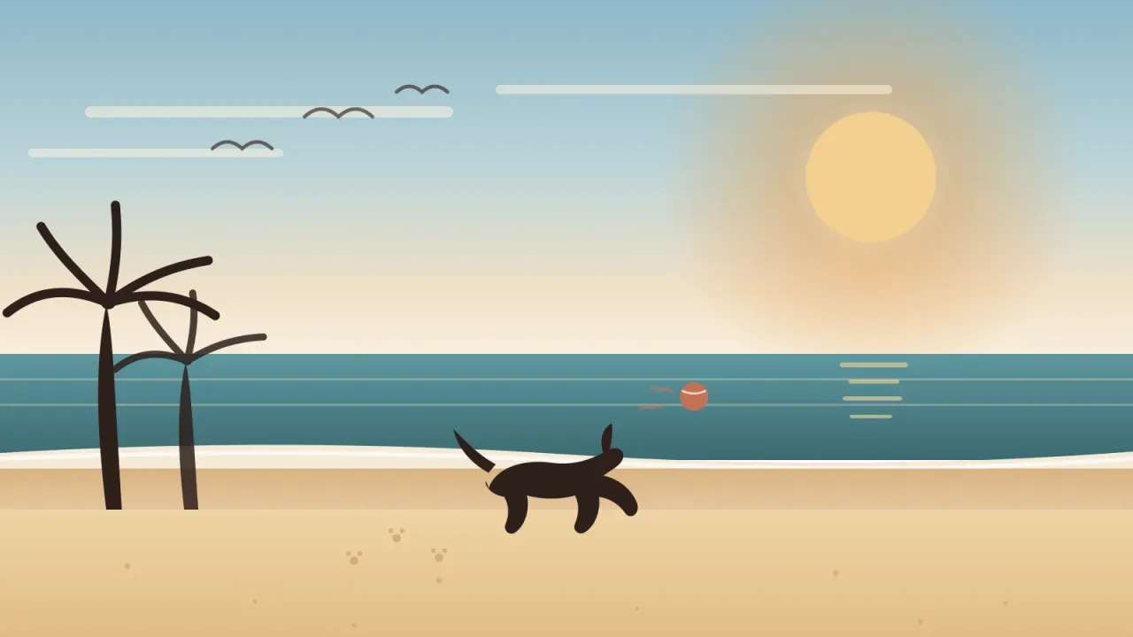 Illustration of a happy dog bounding across a San Diego beach after a ball, with palm trees, gulls, and teal water under a bright sky