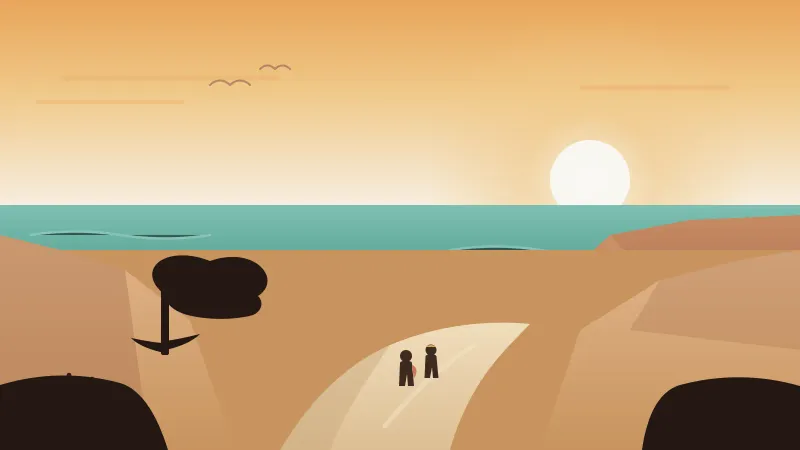Illustration of an easy flat San Diego coastal bluff trail with two hikers walking toward an ocean overlook, a windswept Torrey pine, and a low sun over calm teal water