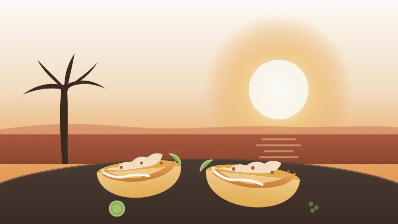 Illustration of two San Diego Baja-style fish tacos on corn tortillas with battered fish, cabbage, white crema, and lime wedges, over a coral and amber ocean-sunset backdrop with a palm silhouette