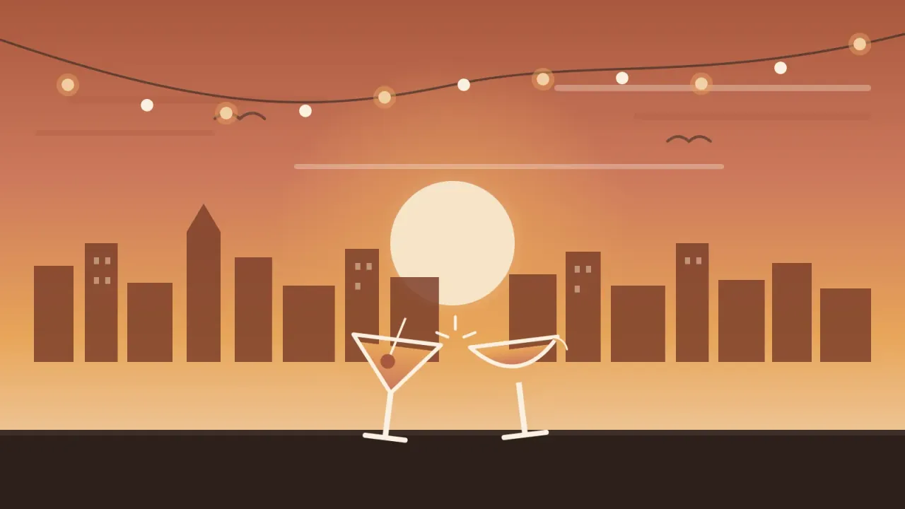 Illustration of two cocktail glasses clinking over a bar at golden hour, with the downtown San Diego skyline, patio string lights, and a setting sun, in the brand's coral and amber palette