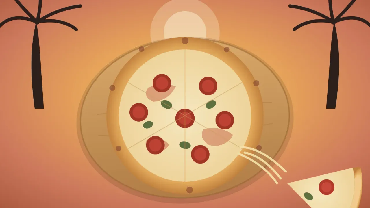 Illustration of a pepperoni pizza on a wood board with a slice being lifted and a cheese pull, framed by San Diego palm silhouettes at golden hour, in the brand's coral and amber palette