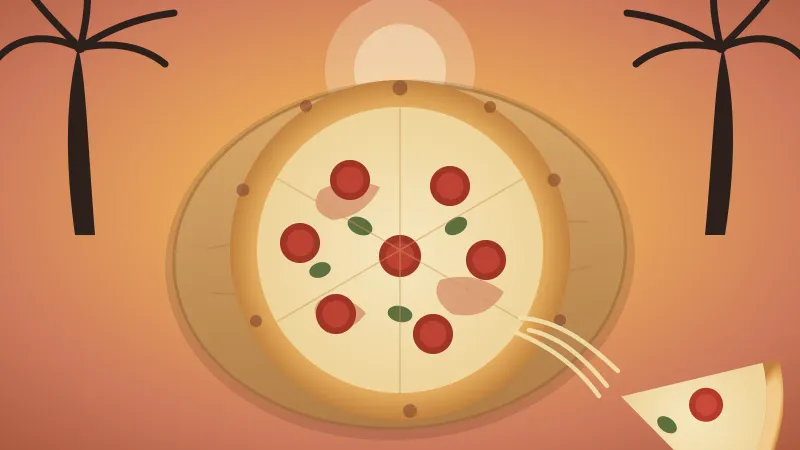 Illustration of a pepperoni pizza on a wood board with a slice being lifted and a cheese pull, framed by San Diego palm silhouettes at golden hour, in the brand's coral and amber palette