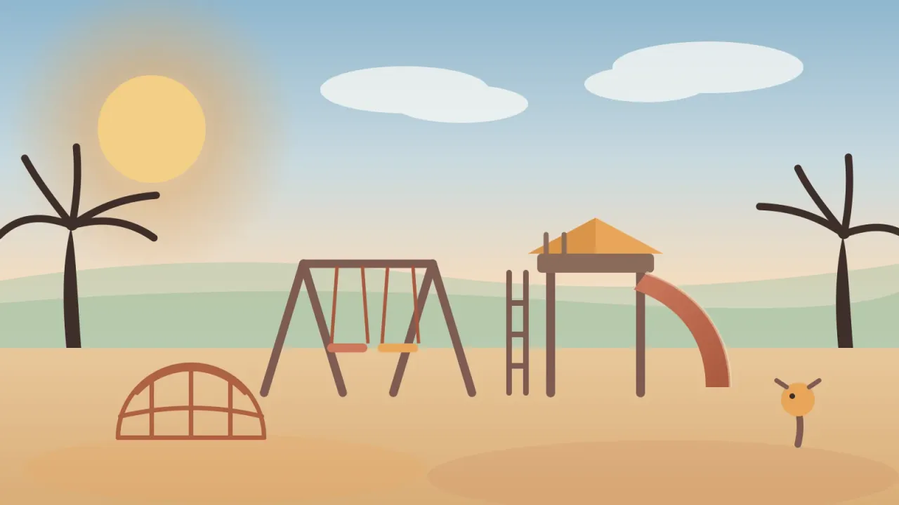 Illustration of a sunny San Diego playground with a coral slide, swing set, climbing dome, and palm trees on warm sand under a blue sky