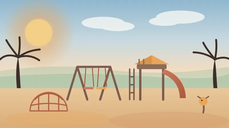 Illustration of a sunny San Diego playground with a coral slide, swing set, climbing dome, and palm trees on warm sand under a blue sky