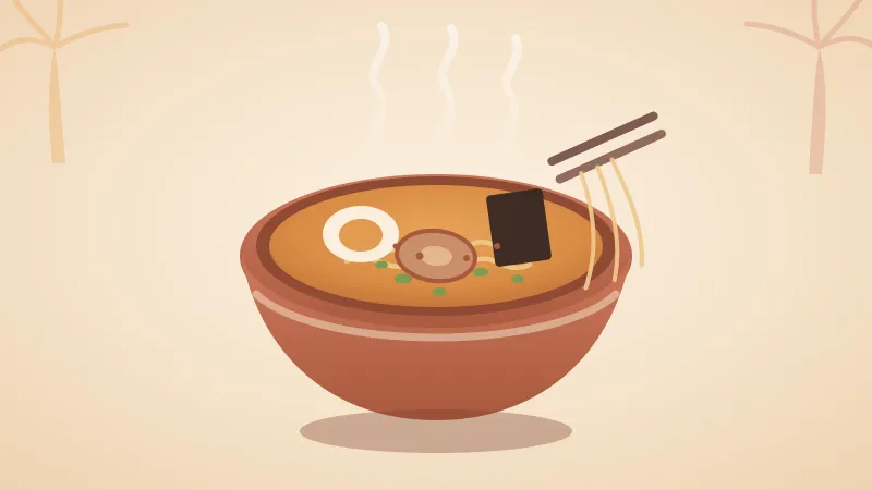 Illustration of a steaming San Diego ramen bowl with a soft egg, chashu, nori, and green onion, chopsticks lifting noodles, framed by palm trees in the brand's warm coral and amber palette