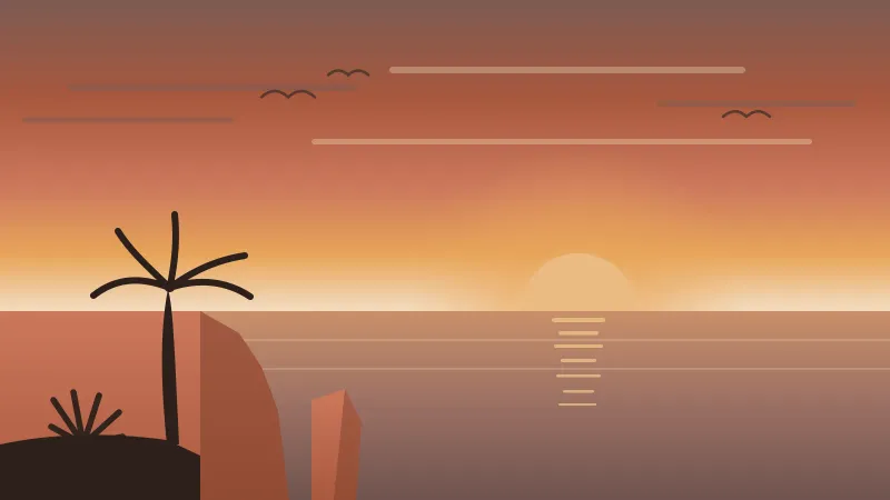 Illustration of a San Diego sunset over Sunset Cliffs in Point Loma, with the coral sun dropping into the open Pacific, eroded sandstone bluffs, and a palm silhouette in the brand's cream and coral palette