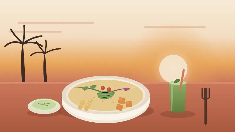 Illustration of a vegan Buddha bowl with avocado, chickpeas, greens and grains beside a green smoothie on a coral table, under a San Diego sunrise with palm silhouettes