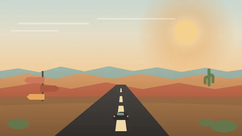 Illustration of an open road leading from San Diego toward layered coastal mountains and desert at golden hour, with a directional signpost, a saguaro cactus, and a car heading out of town