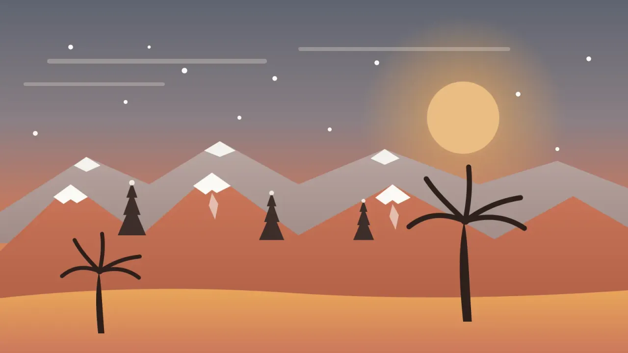 Illustration of snow-capped San Diego County mountains with pine trees and falling snow behind warm coastal palms under a coral winter sun