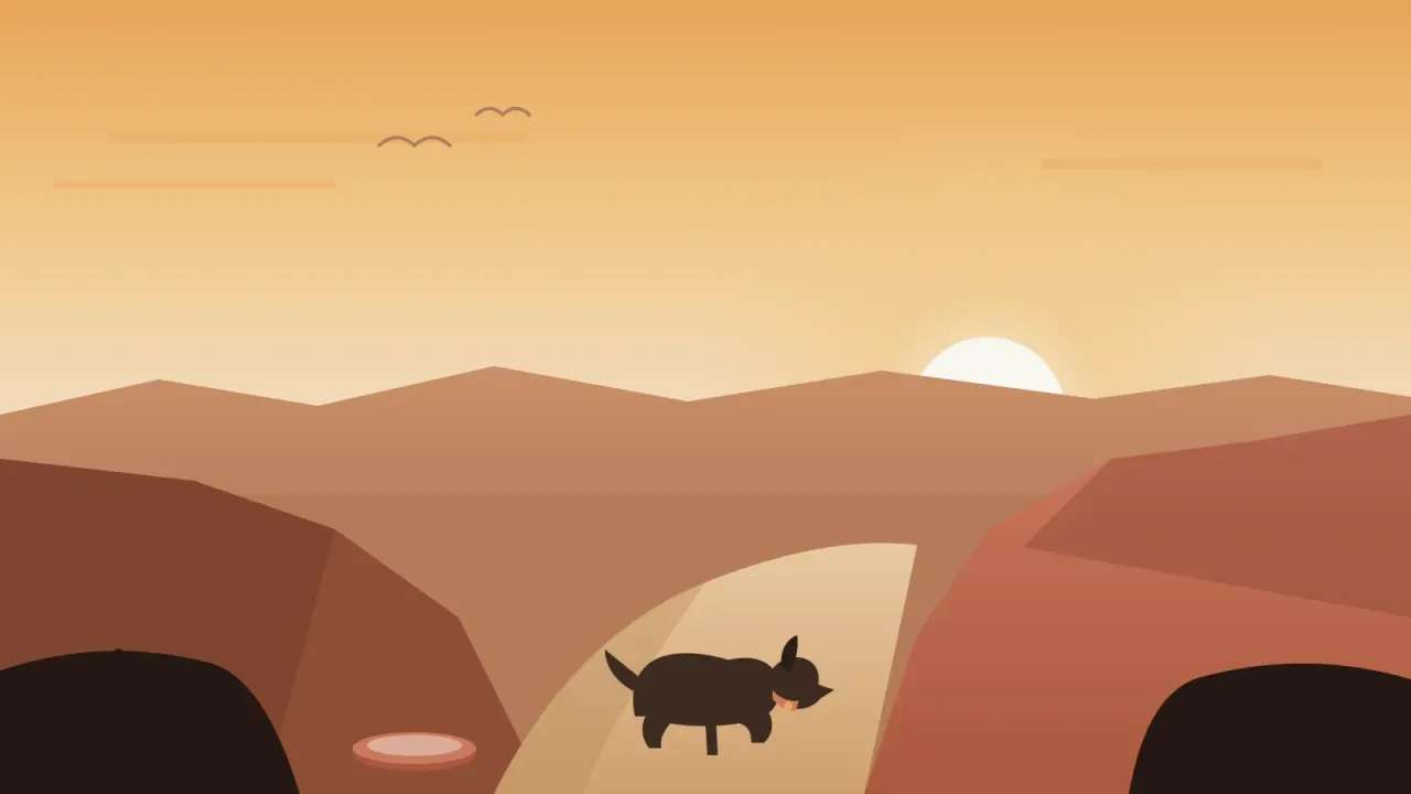 Illustration of a tan dog with a coral collar on a leash on a San Diego canyon trail at sunrise, with oak trees, chaparral hills, and a water bowl in the foreground