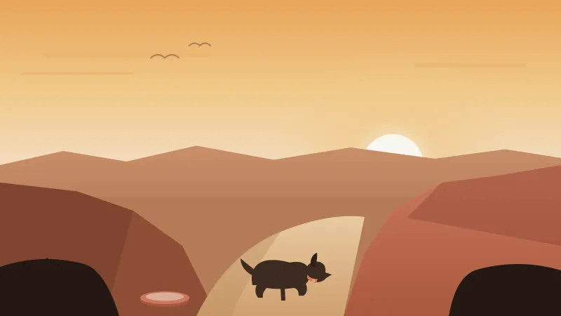 Illustration of a tan dog with a coral collar on a leash on a San Diego canyon trail at sunrise, with oak trees, chaparral hills, and a water bowl in the foreground