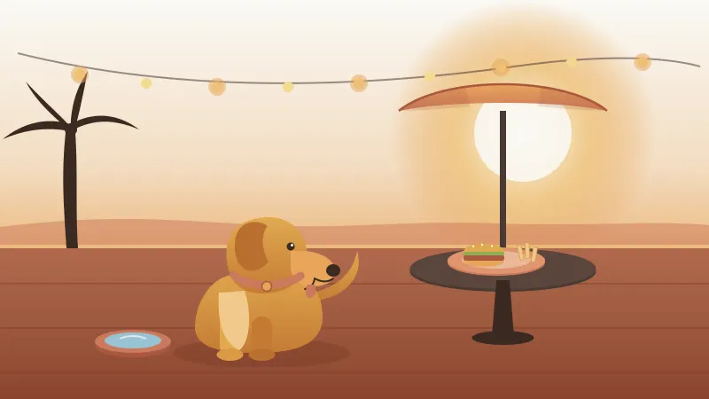 Illustration of a happy tan dog with a coral collar sitting beside a water bowl on a warm San Diego patio at sunset, next to a bistro table with an umbrella and a plate of food
