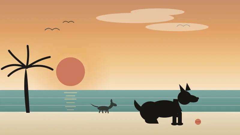 Illustration of a happy dog on a San Diego beach at golden hour with a second dog trotting near the surf, a palm tree, and a coral tennis ball, in the brand's coral and amber palette