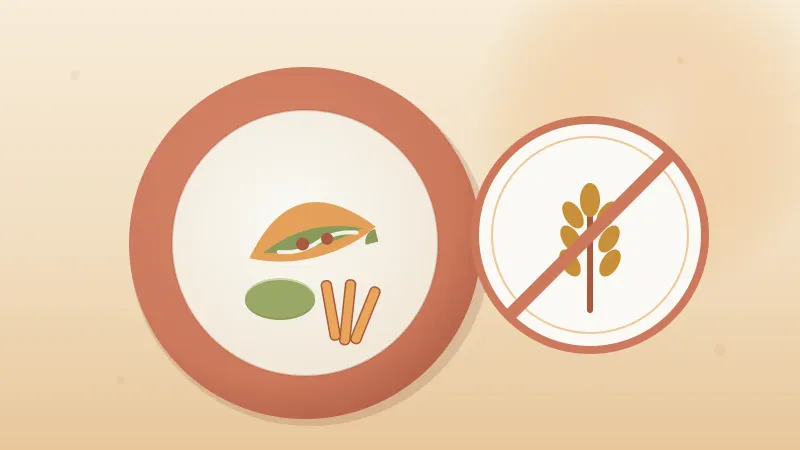 Illustration of a gluten-free San Diego meal on a coral plate, a corn-tortilla taco with fries and guacamole, next to a no-wheat celiac-safe badge in the brand's coral and amber palette