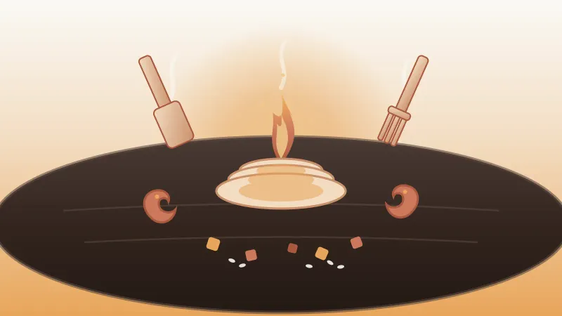 Illustration of a San Diego hibachi teppanyaki grill with a flaming onion volcano, shrimp and vegetables on a flat iron grill, and a chef's spatula and fork, in the brand's warm coral and amber palette