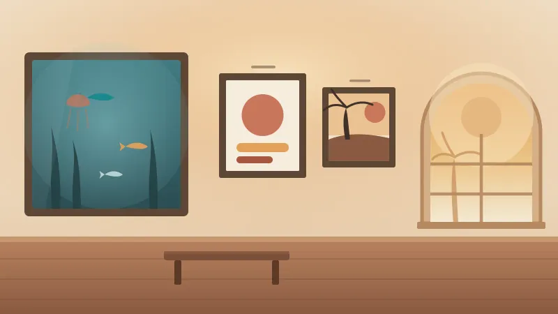 Illustration of a warm San Diego museum gallery with an aquarium tank, framed art, and an arched Balboa Park window showing a hot sunny sky outside, in the brand's coral and amber palette