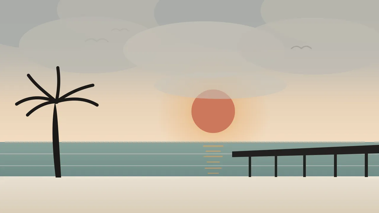 Illustration of San Diego's gray June Gloom marine layer burning off over the coast, with a palm tree, pier, and the coral sun breaking through near the horizon