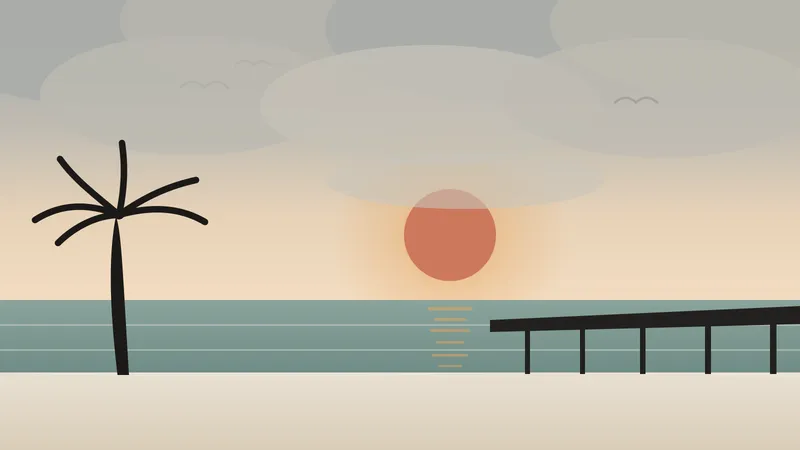 Illustration of San Diego's gray June Gloom marine layer burning off over the coast, with a palm tree, pier, and the coral sun breaking through near the horizon