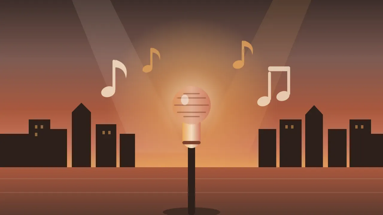 Illustration of a vintage microphone on a stand under a spotlight with the downtown San Diego skyline and floating music notes, in the brand's coral and amber palette