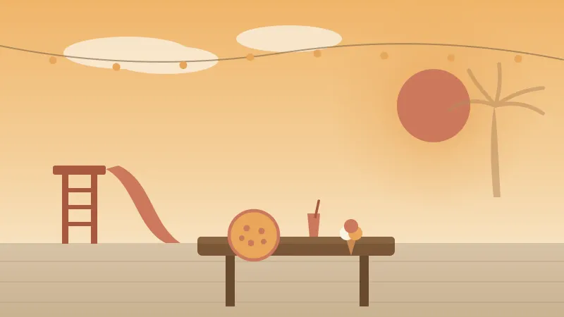 Illustration of a sunny San Diego patio with a kids' slide, a family table set with pizza, a drink and an ice cream cone, string lights and a palm tree