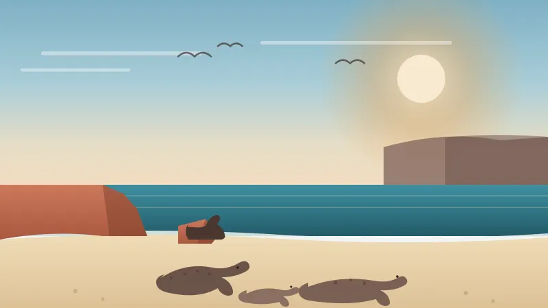 Illustration of harbor seals hauled out on a La Jolla cove beach with a sea lion on an offshore rock, sandstone bluffs, and teal water
