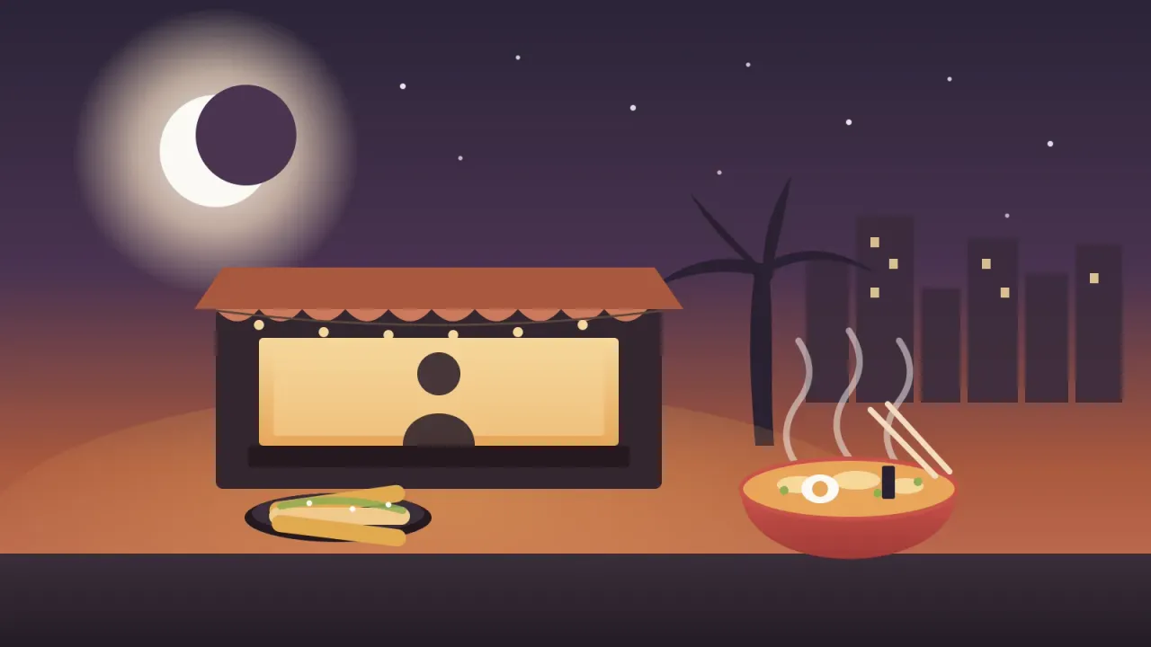 Illustration of a warm-lit San Diego late-night food stand with string lights and a cook, a steaming ramen bowl and a plate of rolled tacos, under a crescent moon and lit downtown towers, in the brand's coral and amber palette