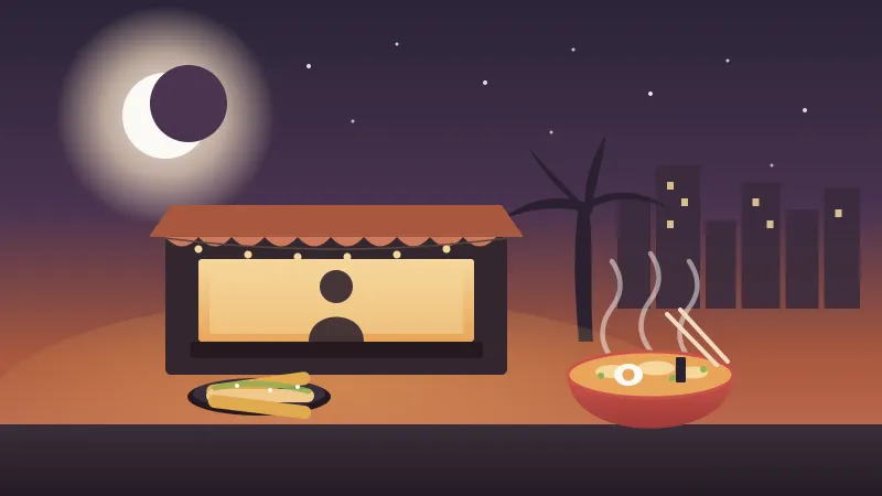 Illustration of a warm-lit San Diego late-night food stand with string lights and a cook, a steaming ramen bowl and a plate of rolled tacos, under a crescent moon and lit downtown towers, in the brand's coral and amber palette