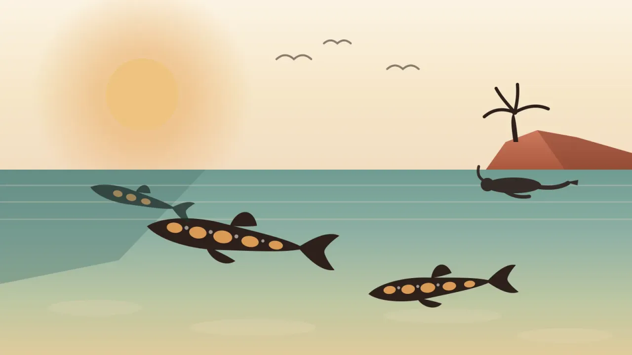 Illustration of leopard sharks with amber saddle markings gliding over the sandy shallows at La Jolla Shores, with a snorkeler floating at the surface, a palm-topped headland, and a calm morning sun in the brand's coral and amber palette