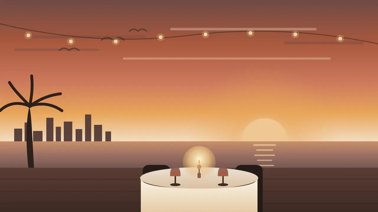 Illustration of a candlelit dinner table for two on a San Diego waterfront patio at sunset, with palm trees, the bay, and a warm coral and amber sky