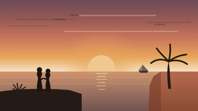 Illustration of a couple watching the sunset from a Point Loma bluff over San Diego Bay, with a sailboat and palm tree in a warm coral and amber sky
