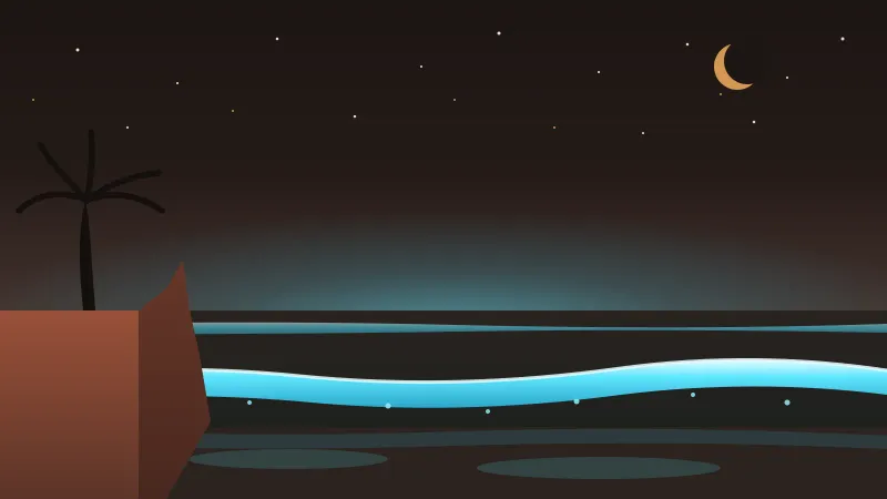 Illustration of bioluminescent waves glowing electric blue as they break on a dark San Diego beach at night under a starry sky and sandstone cliffs