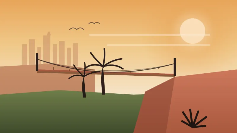 Illustration of a hidden San Diego canyon footbridge with palms, a distant downtown skyline, and a warm hazy sky