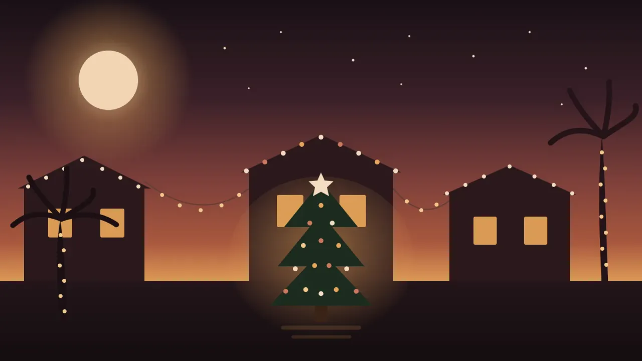 Illustration of a San Diego street on a warm December night, houses and palm trees strung with glowing lights around a decorated holiday tree, in the brand's coral and amber palette