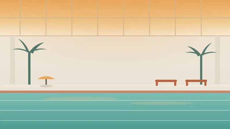 Illustration of an enclosed glass-atrium indoor hotel pool with warm heated water, palms, and deck loungers in San Diego