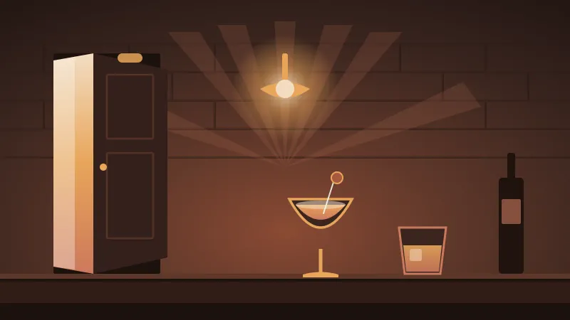 Illustration of a dimly lit San Diego speakeasy with a cracked hidden door spilling warm light, a hanging lamp, and cocktails on a bar, in the brand's coral and amber palette