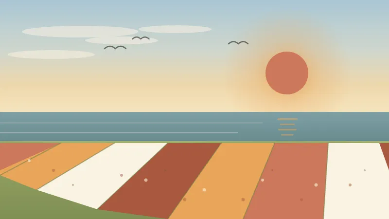Illustration of the Carlsbad Flower Fields near San Diego in April, with diagonal striped rows of coral, amber, and cream ranunculus blooms on a green hillside sloping toward the blue Pacific under a warm spring sun and clear amber sky