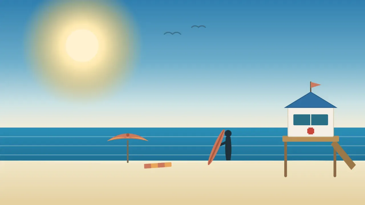 Illustration of a hot San Diego beach in August with a high white summer sun, deep blue water, a coral beach umbrella and towel, a surfer carrying a board to the water, and a blue-roofed lifeguard tower