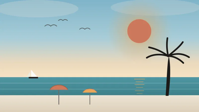 Illustration of a sunny San Diego beach in August with a high coral sun, warm blue water, beach umbrellas, a sailboat, and a palm tree