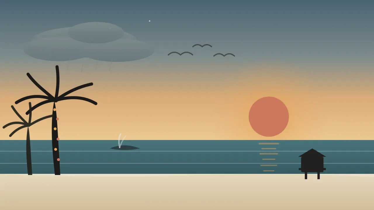 Illustration of a cool San Diego December dusk on the beach with a low early-setting coral sun, a wet-season rain cloud, a gray whale spouting offshore, pelicans, a lifeguard tower, and a palm tree strung with warm holiday lights